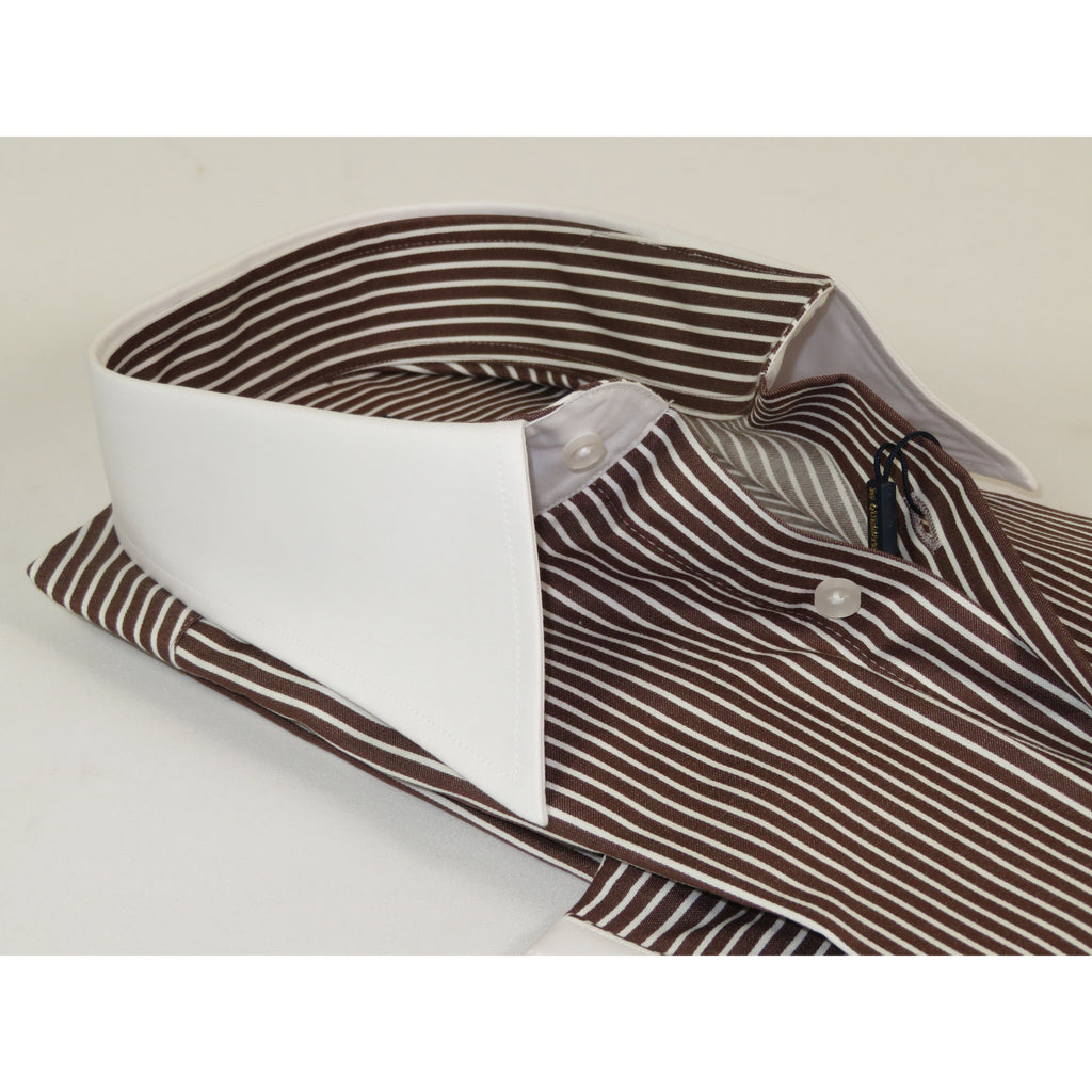Mens European 100% Cotton Shirt Manschett Slim Fit Long Point Collar 6178-07 Brown Stripe