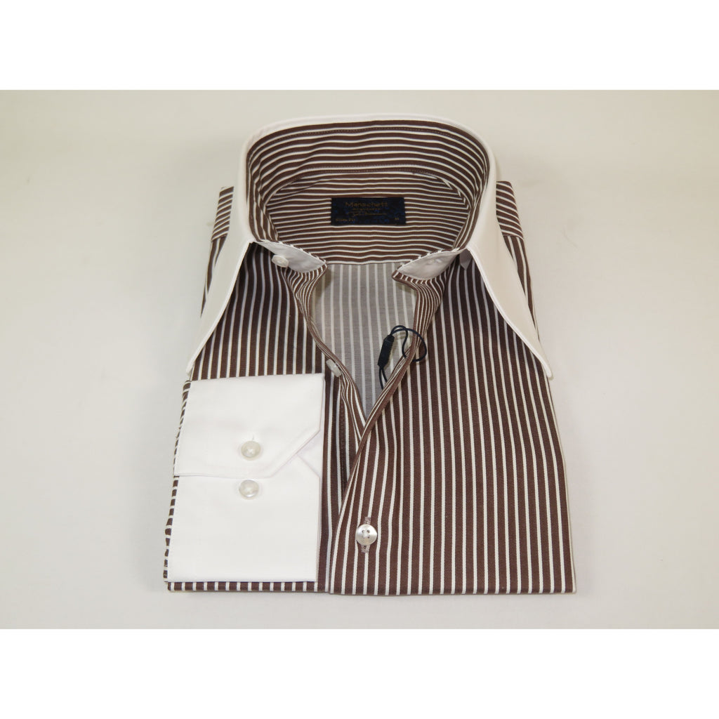 Mens European 100% Cotton Shirt Manschett Slim Fit Long Point Collar 6178-07 Brown Stripe