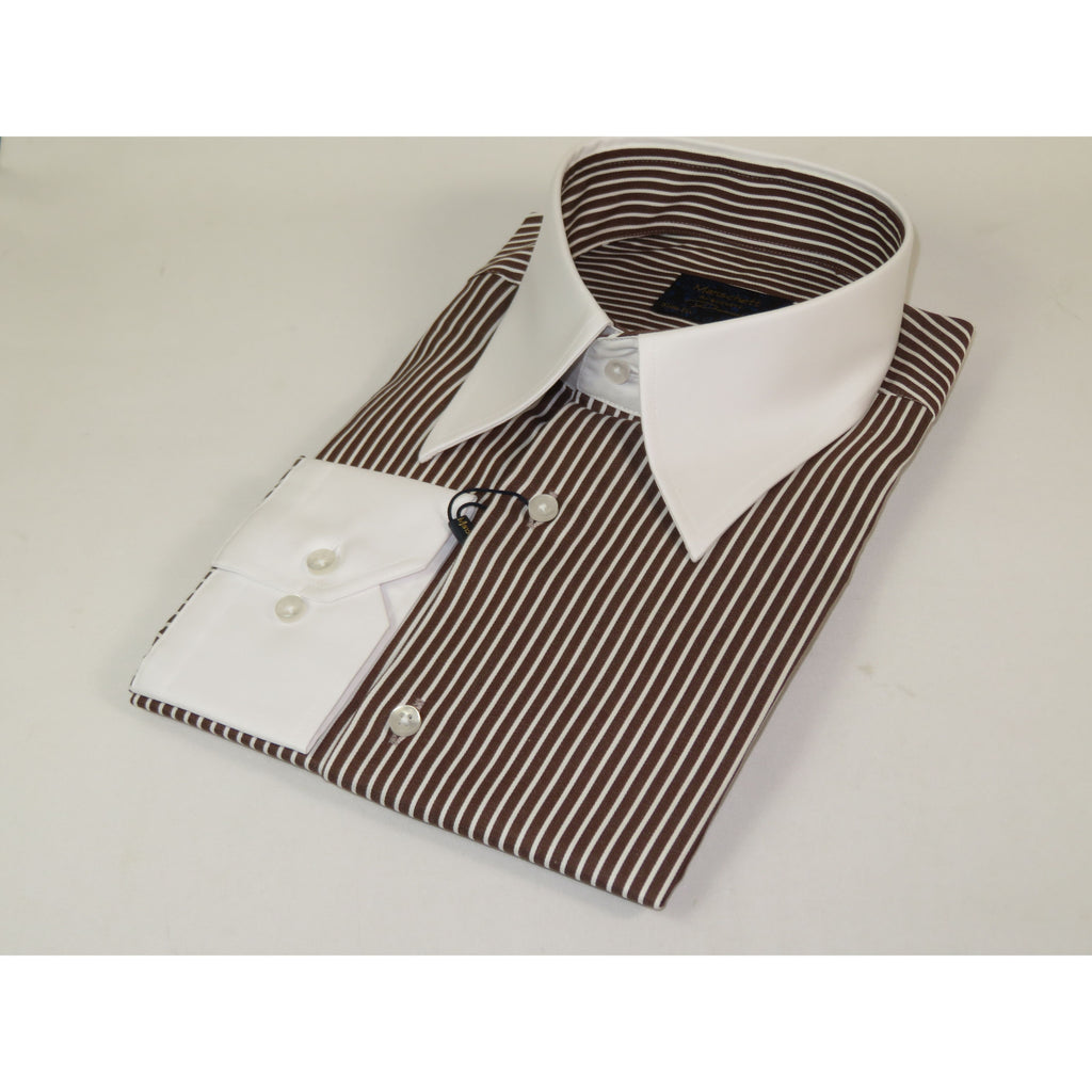 Mens European 100% Cotton Shirt Manschett Slim Fit Long Point Collar 6178-07 Brown Stripe