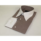 Mens European 100% Cotton Shirt Manschett Slim Fit Long Point Collar 6178-07 Brown Stripe