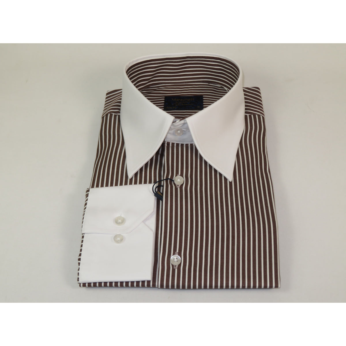 Mens European 100% Cotton Shirt Manschett Slim Fit Long Point Collar 6178-07 Brown Stripe