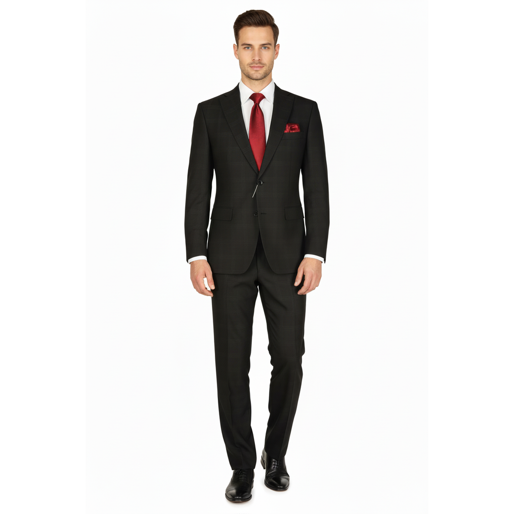 Men Suit BERLUSCONI Turkey Italian Wool 180's Single Breasted 623-01 Black Plaid