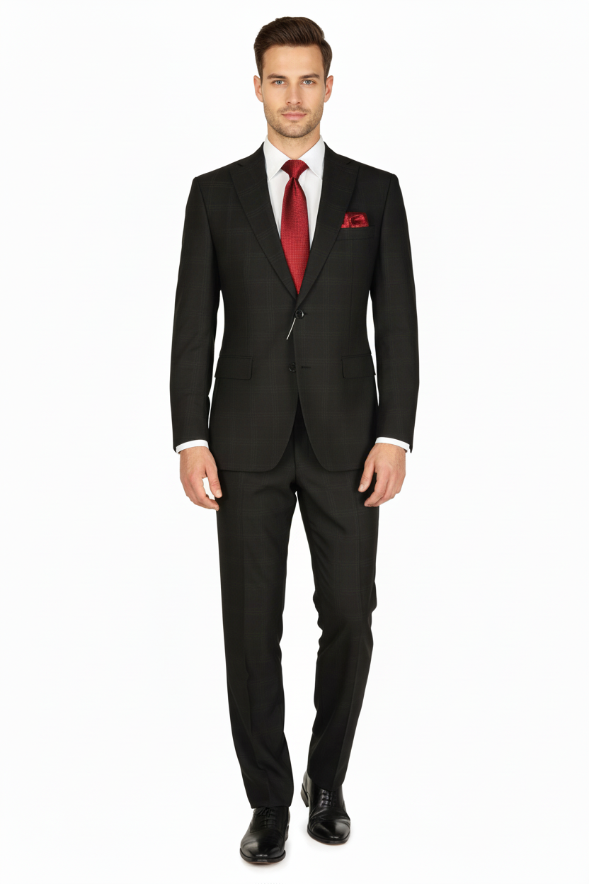 Men Suit BERLUSCONI Turkey Italian Wool 180's Single Breasted 623-01 Black Plaid