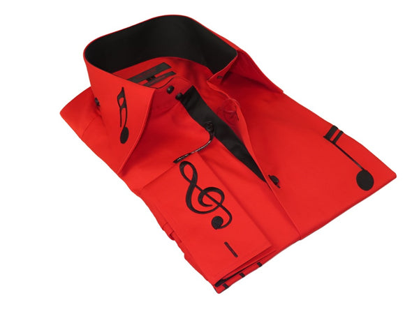 Men Axxess Turkey Shirt 100% Cotton Musical Note 623-05 French Cuffs Red Black