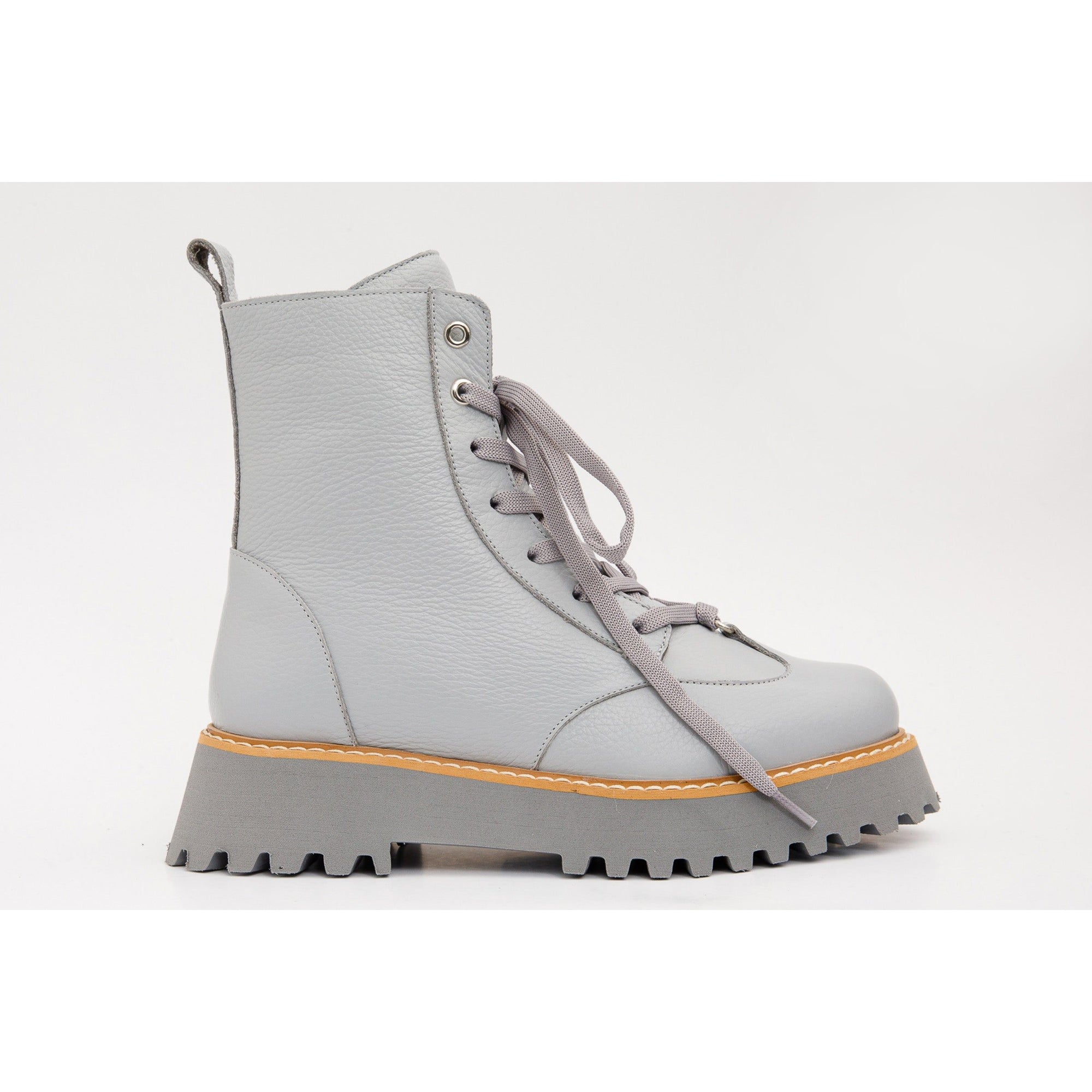 The Yildiz Grey Leather Lace-Up Ankle Women Boot With a Side Zipper
