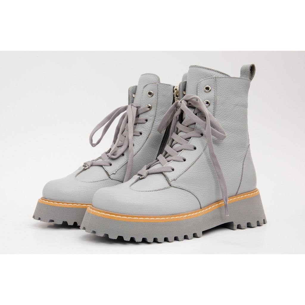 The Yildiz Grey Leather Lace-Up Ankle Women Boot With a Side Zipper