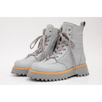 The Yildiz Grey Leather Lace-Up Ankle Women Boot With a Side Zipper