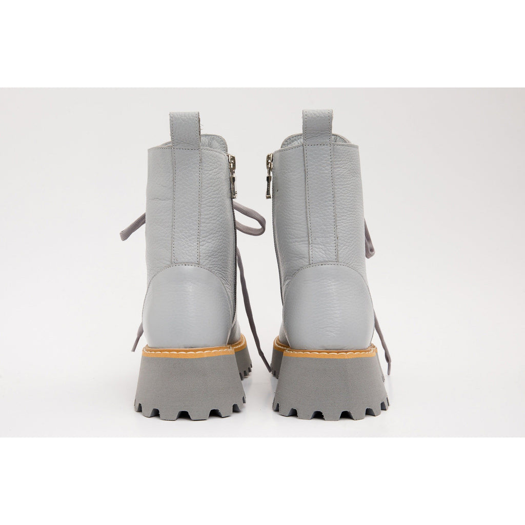 The Yildiz Grey Leather Lace-Up Ankle Women Boot With a Side Zipper