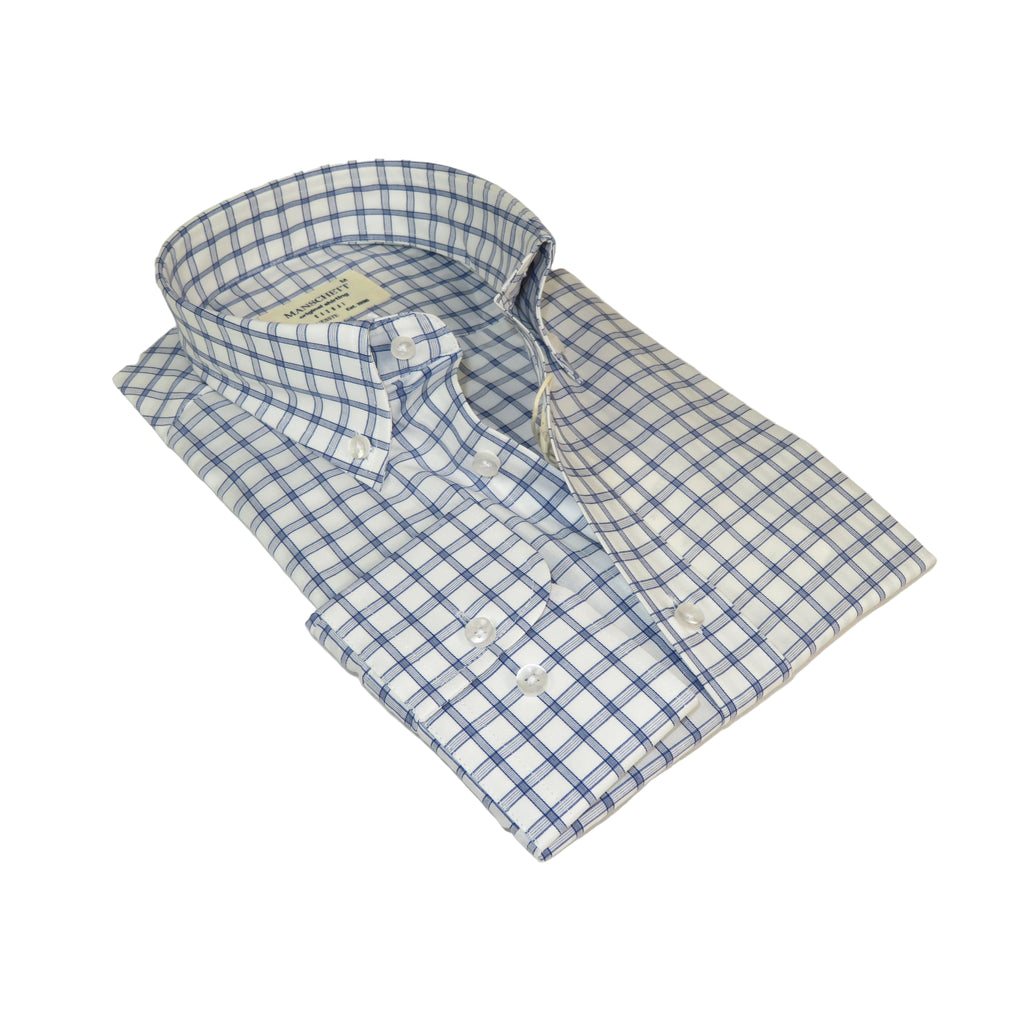 Mens 100% Cotton Shirt Manschett Turkey Slim Fit Oxford Button Down Collar 7008-23 White/Blue Checker