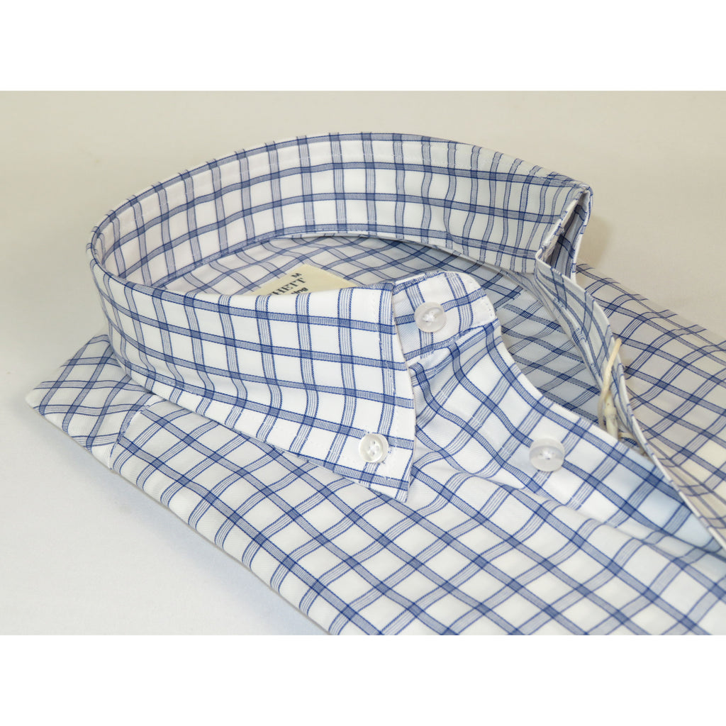 Mens 100% Cotton Shirt Manschett Turkey Slim Fit Oxford Button Down Collar 7008-23 White/Blue Checker