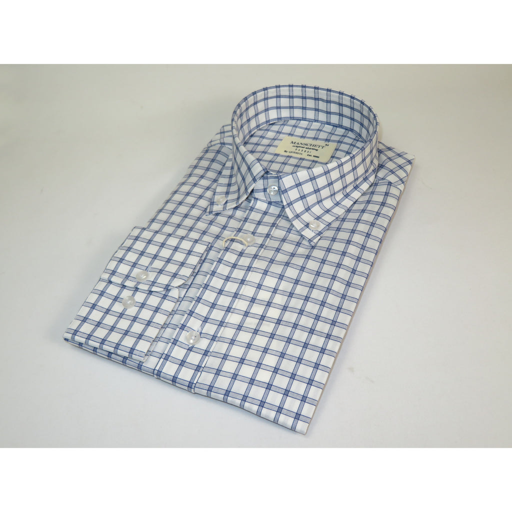 Mens 100% Cotton Shirt Manschett Turkey Slim Fit Oxford Button Down Collar 7008-23 White/Blue Checker