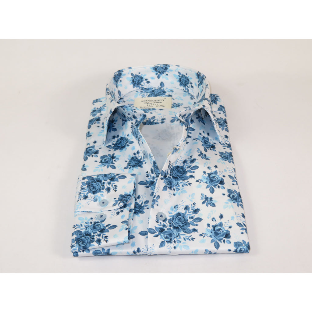 Mens European 100% Soft Cotton Shirt Manschett Turkey Slim Fit 7027-05 Blue Flowers