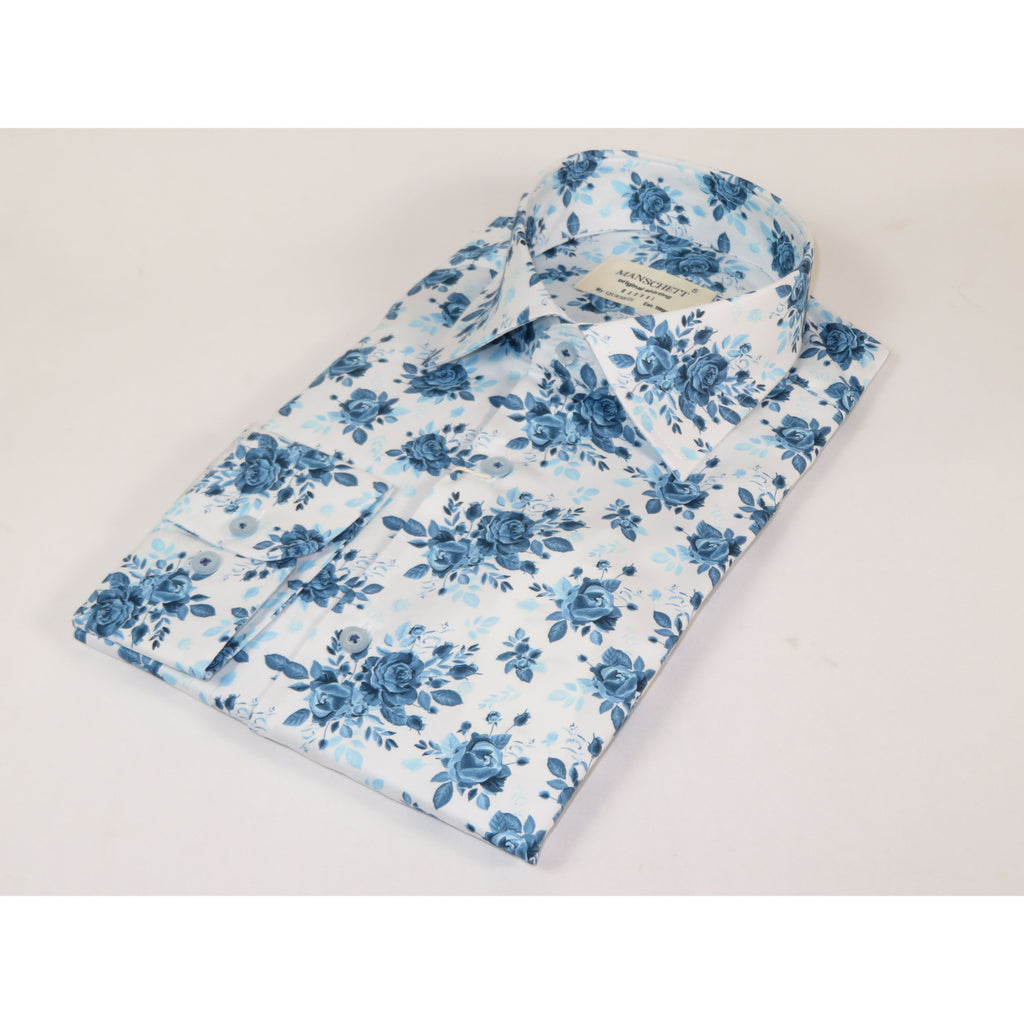 Mens European 100% Soft Cotton Shirt Manschett Turkey Slim Fit 7027-05 Blue Flowers