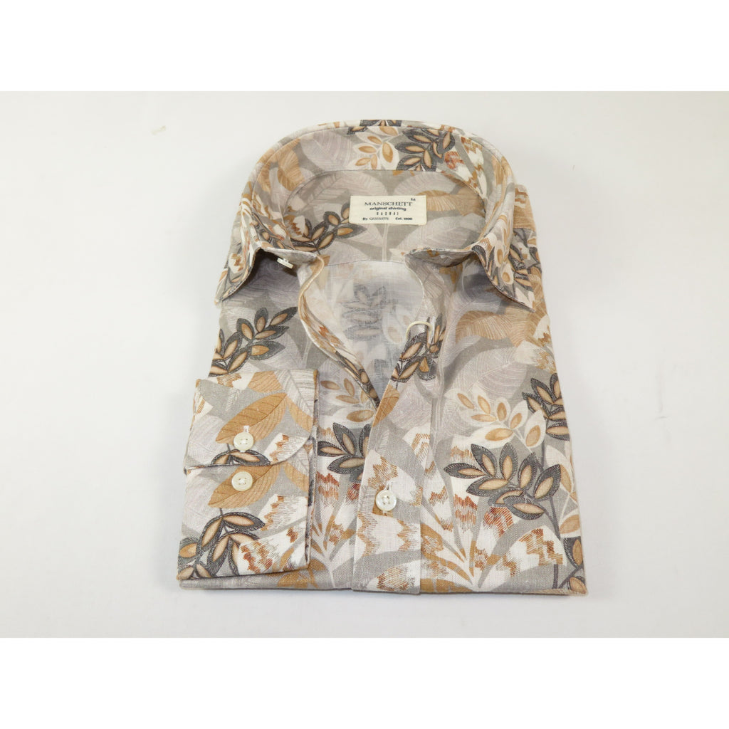 Mens Soft Linen Tencel Blend Shirt Manschett Turkey Slim Fit 7031-11 Gray/brown Floral