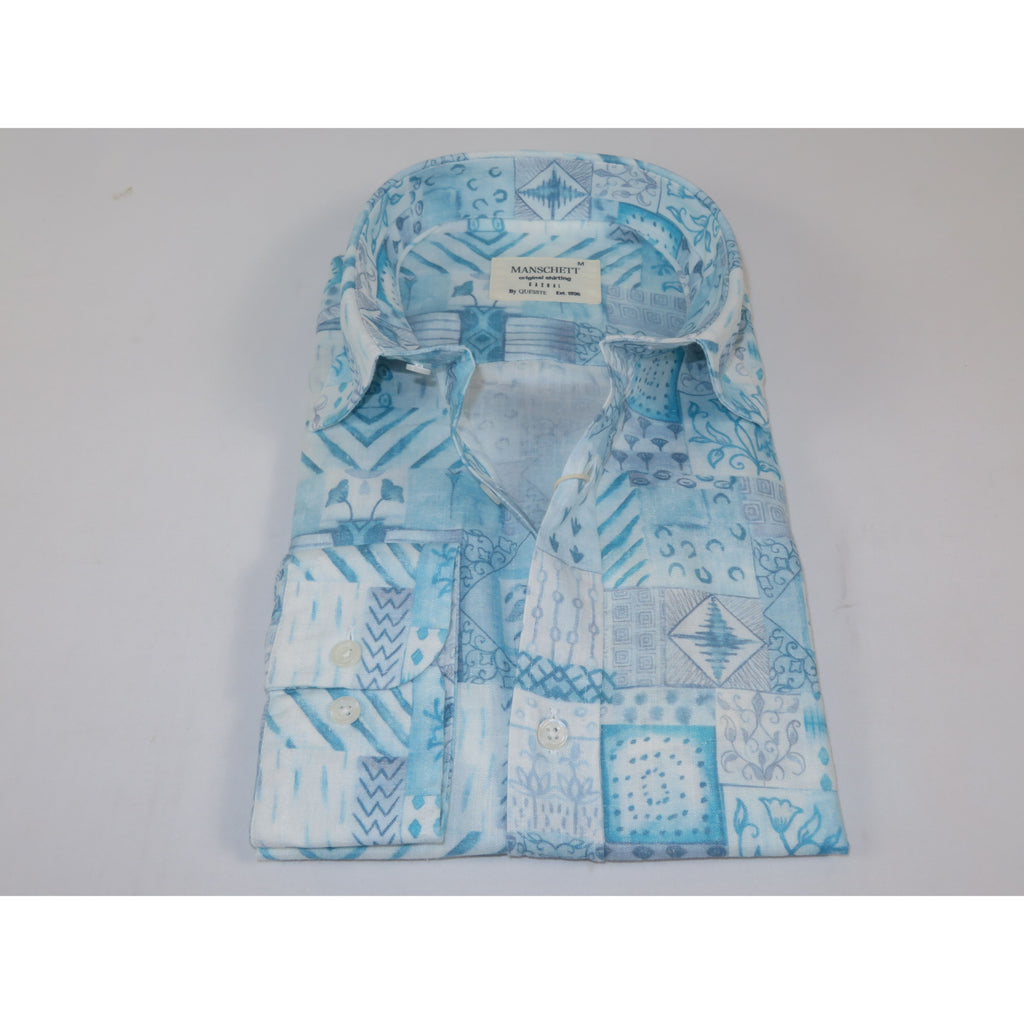Mens Soft Linen Tencel Blend Shirt Manschett Turkey Slim Fit 7031-16 Teal Blue Fancy