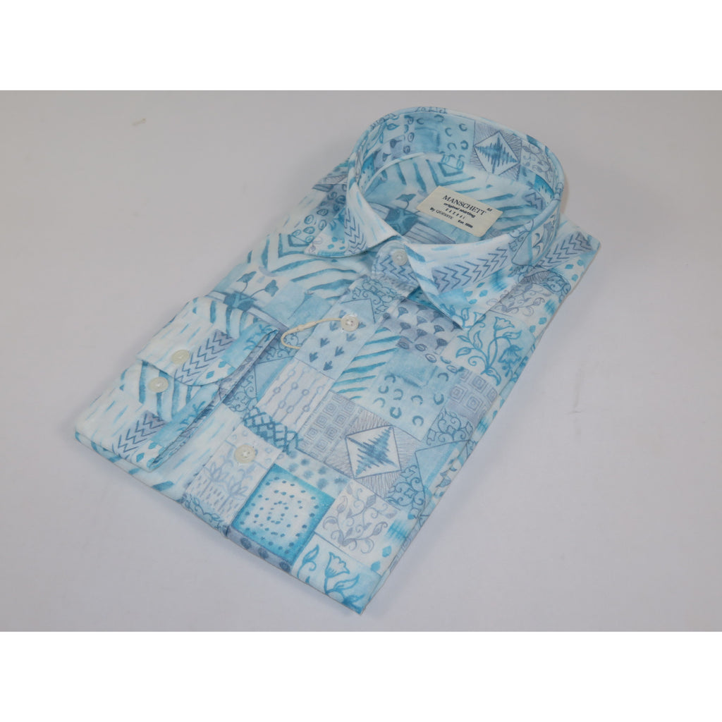 Mens Soft Linen Tencel Blend Shirt Manschett Turkey Slim Fit 7031-16 Teal Blue Fancy