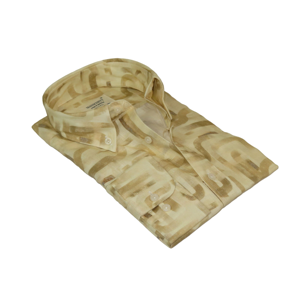 Mens Soft Linen Blend Shirt Manschett Turkey Slim Fit Button Down Collar 7032-1 Beige Fancy