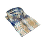 Mens 100% Cotton Shirt Manschett Quesste Turkey Slim Fit Button Down Collar 7033-15 Beige/Blue Plaid