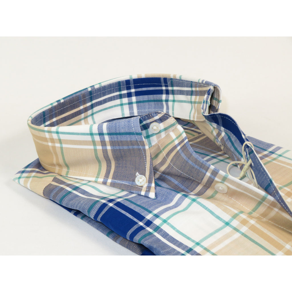 Mens 100% Cotton Shirt Manschett Quesste Turkey Slim Fit Button Down Collar 7033-15 Beige/Blue Plaid