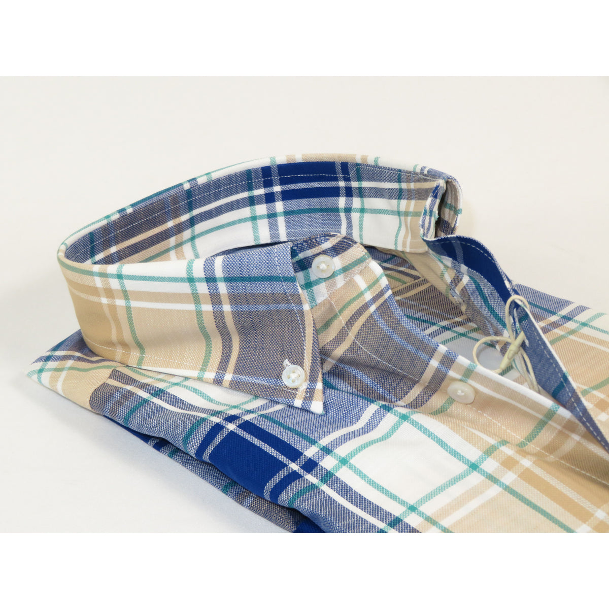 Mens 100% Cotton Shirt Manschett Quesste Turkey Slim Fit Button Down Collar 7033-15 Beige/Blue Plaid