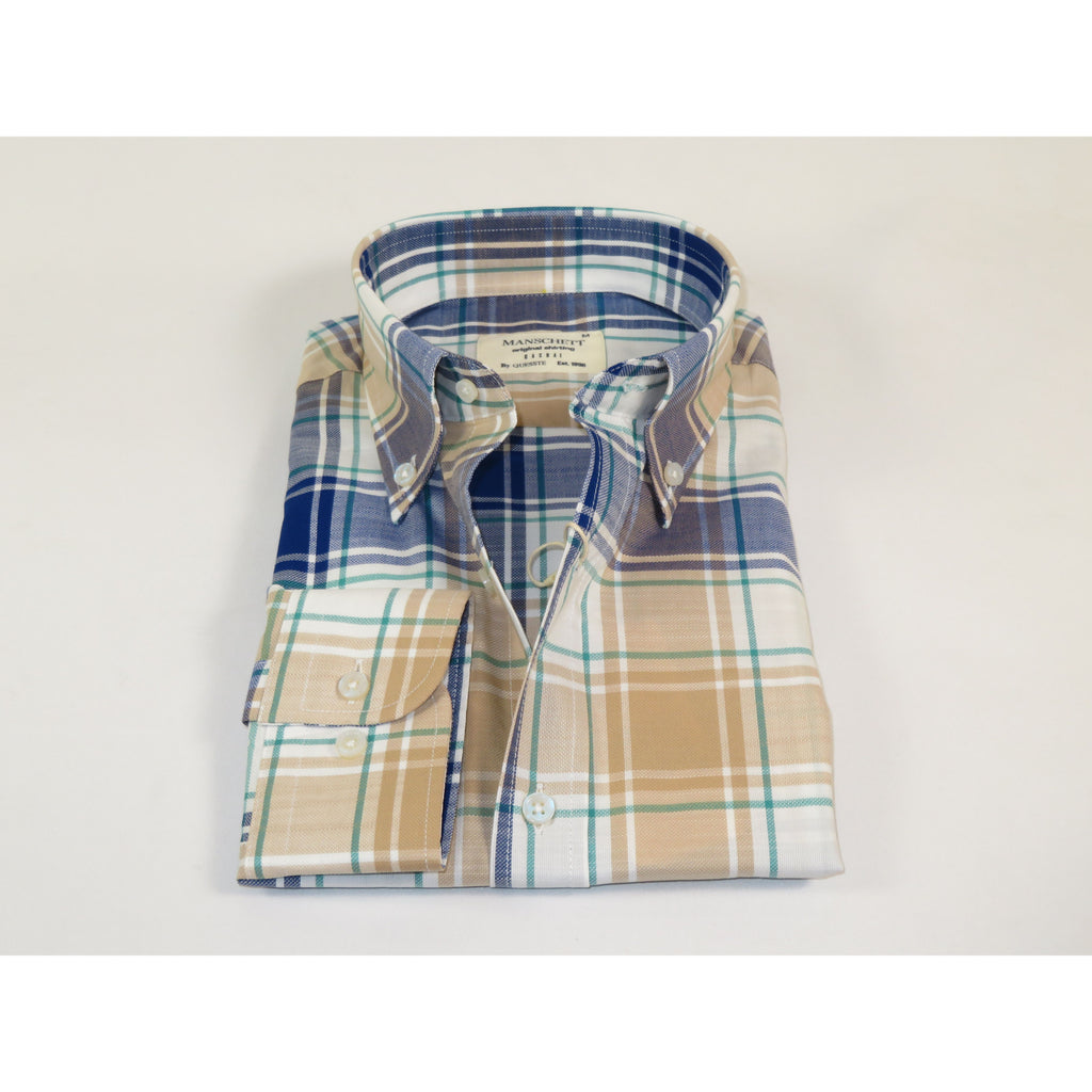Mens 100% Cotton Shirt Manschett Quesste Turkey Slim Fit Button Down Collar 7033-15 Beige/Blue Plaid