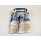 Mens 100% Cotton Shirt Manschett Quesste Turkey Slim Fit Button Down Collar 7033-15 Beige/Blue Plaid