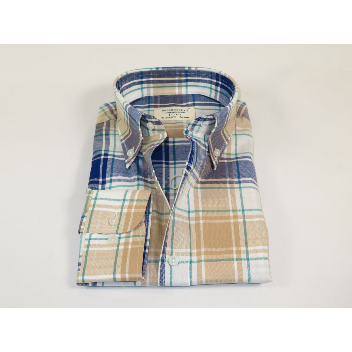 Mens 100% Cotton Shirt Manschett Quesste Turkey Slim Fit Button Down Collar 7033-15 Beige/Blue Plaid