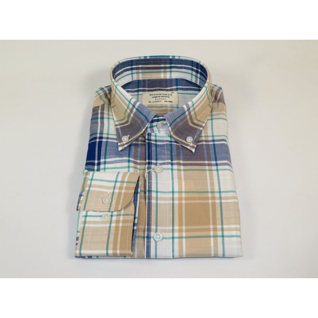 Mens 100% Cotton Shirt Manschett Quesste Turkey Slim Fit Button Down Collar 7033-15 Beige/Blue Plaid
