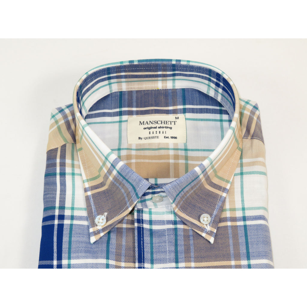 Mens 100% Cotton Shirt Manschett Quesste Turkey Slim Fit Button Down Collar 7033-15 Beige/Blue Plaid