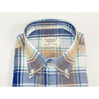Mens 100% Cotton Shirt Manschett Quesste Turkey Slim Fit Button Down Collar 7033-15 Beige/Blue Plaid
