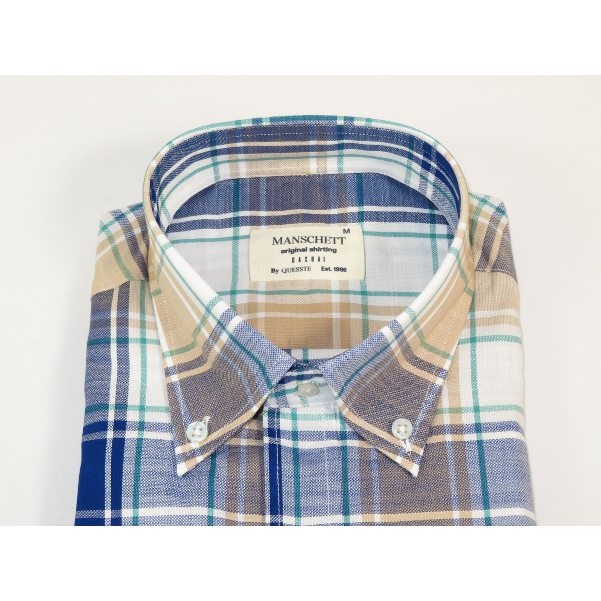 Mens 100% Cotton Shirt Manschett Quesste Turkey Slim Fit Button Down Collar 7033-15 Beige/Blue Plaid