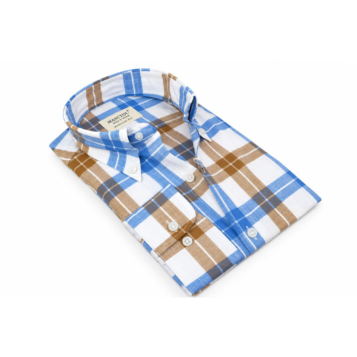 Mens 100% Cotton Shirt Manschett Turkey Slim Fit Oxford Button Down Collar 7033-16 Cognac/Blue Plaid