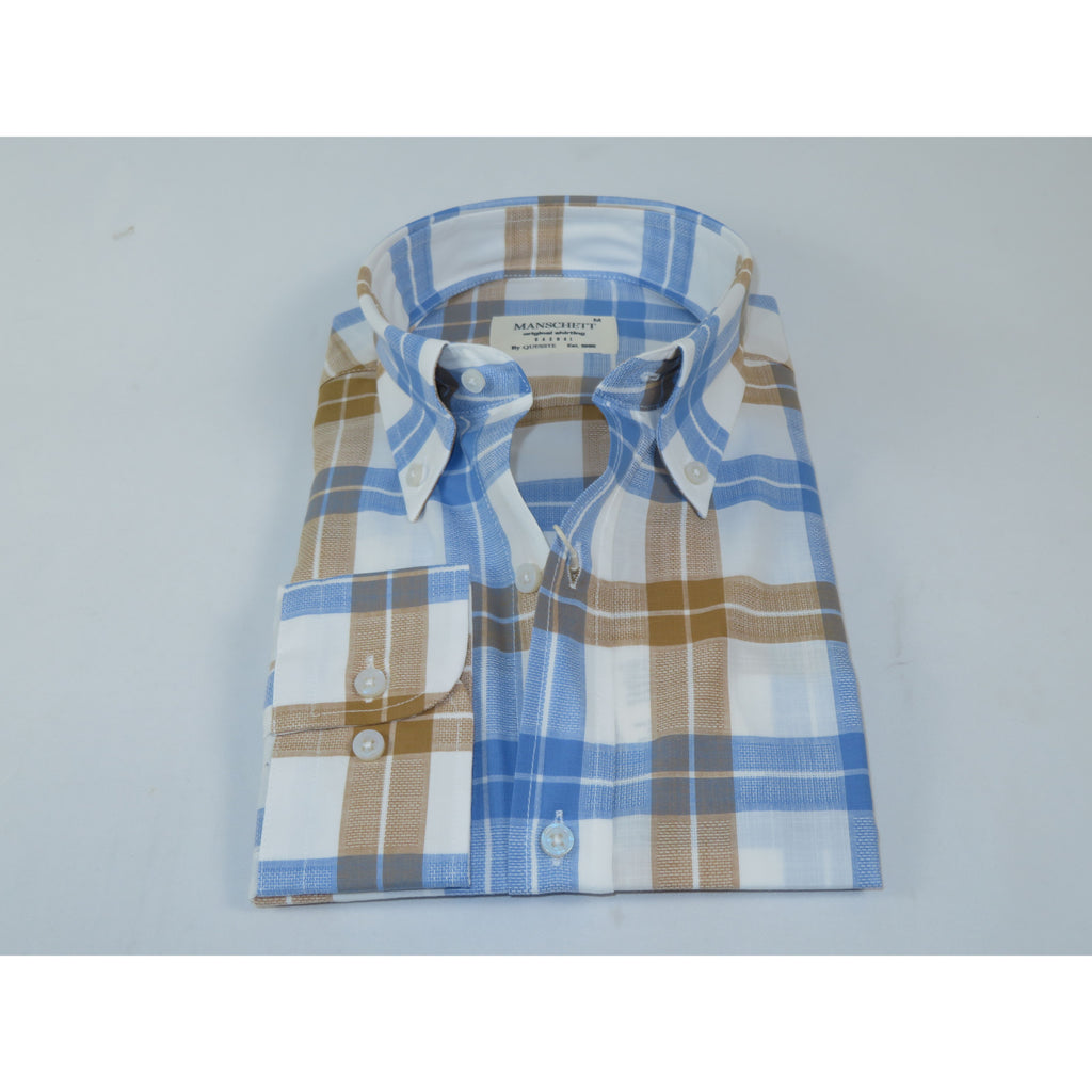 Mens 100% Cotton Shirt Manschett Turkey Slim Fit Oxford Button Down Collar 7033-16 Cognac/Blue Plaid