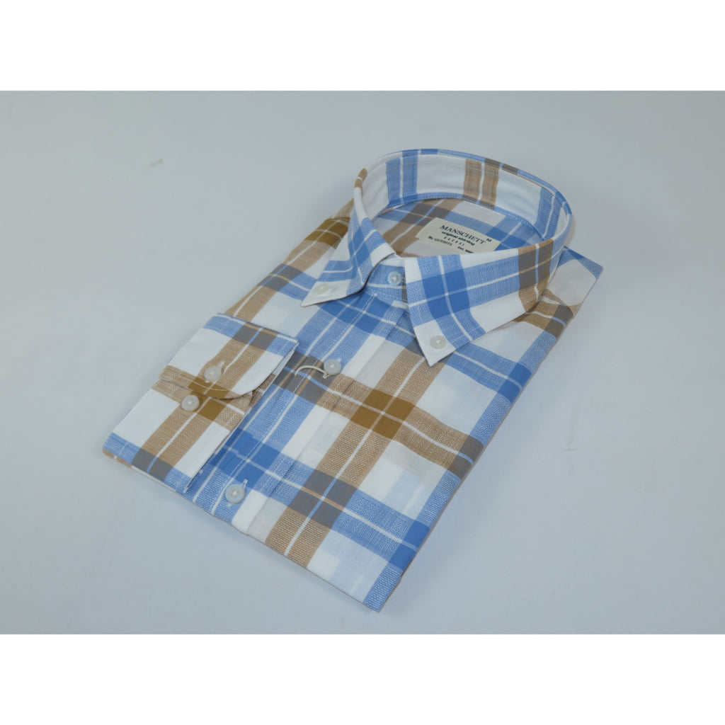 Mens 100% Cotton Shirt Manschett Turkey Slim Fit Oxford Button Down Collar 7033-16 Cognac/Blue Plaid