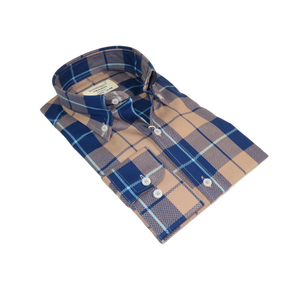 Mens 100% Cotton Shirt Manschett Turkey Slim Fit Oxford Button Down Collar 7033-19 Navy/Tan Plaid