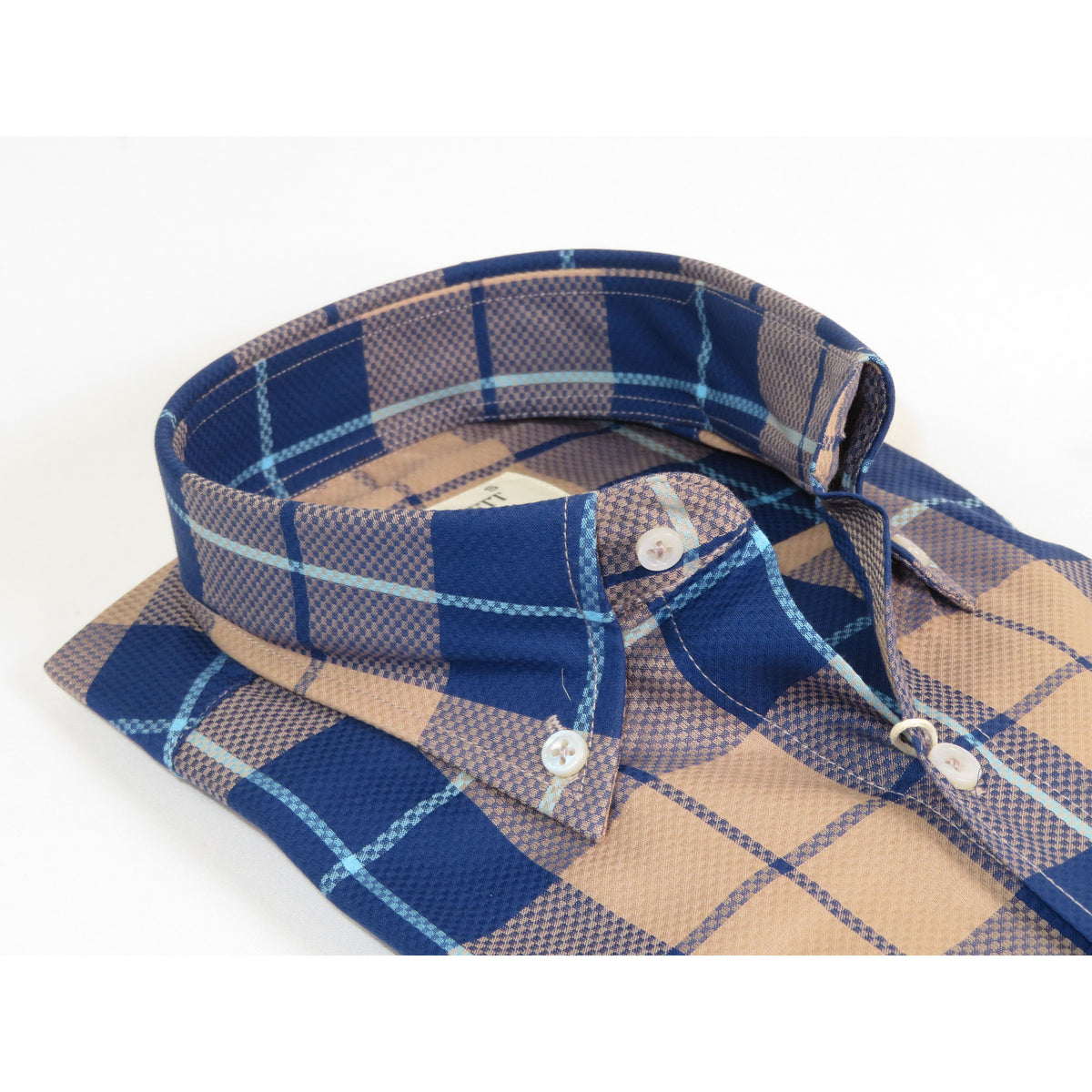 Mens 100% Cotton Shirt Manschett Turkey Slim Fit Oxford Button Down Collar 7033-19 Navy/Tan Plaid