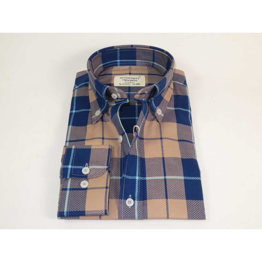 Mens 100% Cotton Shirt Manschett Turkey Slim Fit Oxford Button Down Collar 7033-19 Navy/Tan Plaid