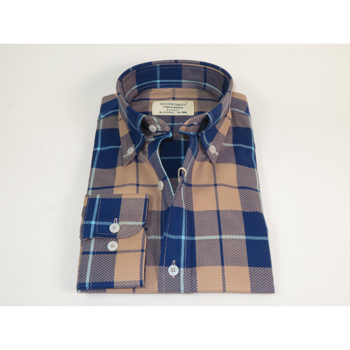 Mens 100% Cotton Shirt Manschett Turkey Slim Fit Oxford Button Down Collar 7033-19 Navy/Tan Plaid