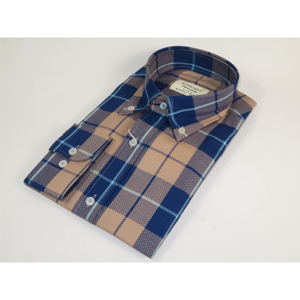 Mens 100% Cotton Shirt Manschett Turkey Slim Fit Oxford Button Down Collar 7033-19 Navy/Tan Plaid