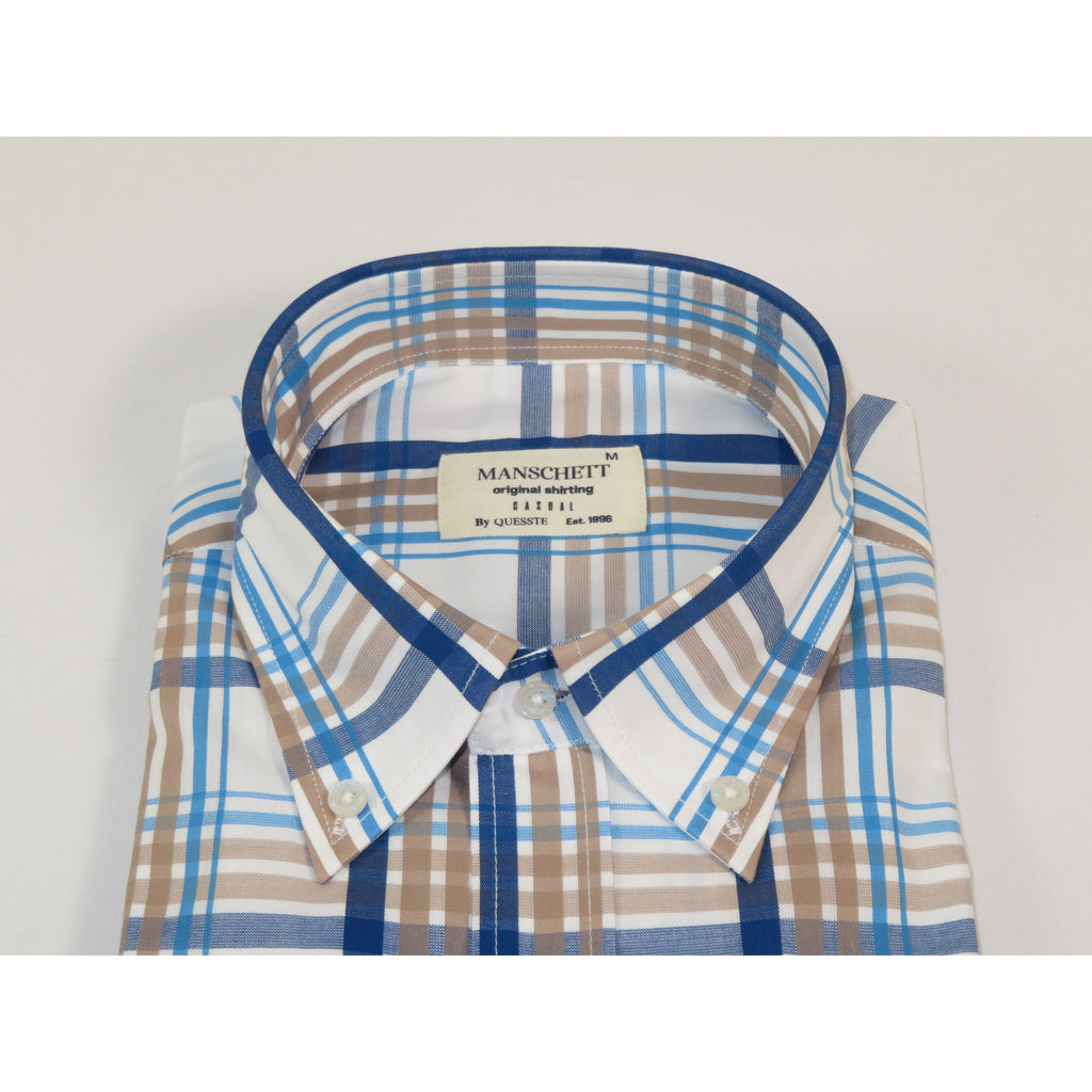 Mens 100% Cotton Shirt Manschett Quesste Turkey Slim Fit Button Down Collar 7033-20 Tan/Blue Plaid