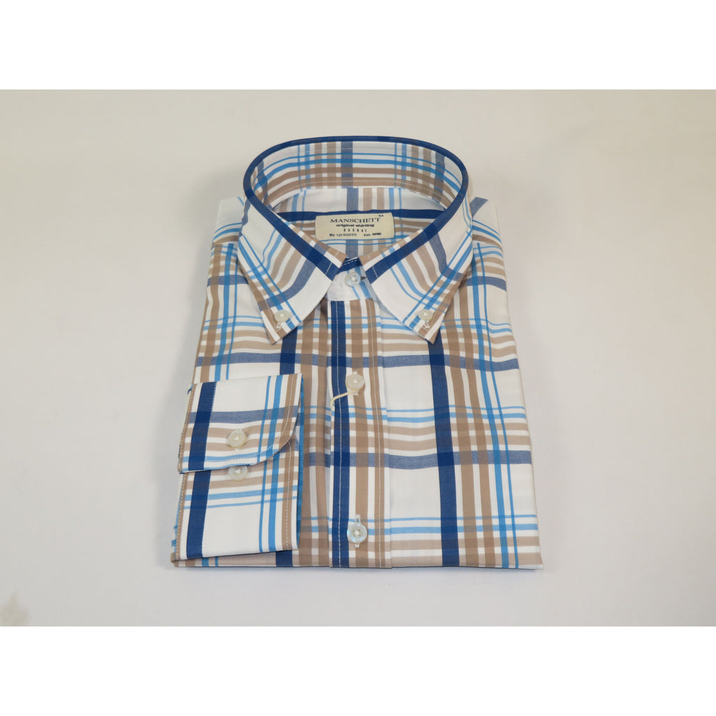 Mens 100% Cotton Shirt Manschett Quesste Turkey Slim Fit Button Down Collar 7033-20 Tan/Blue Plaid