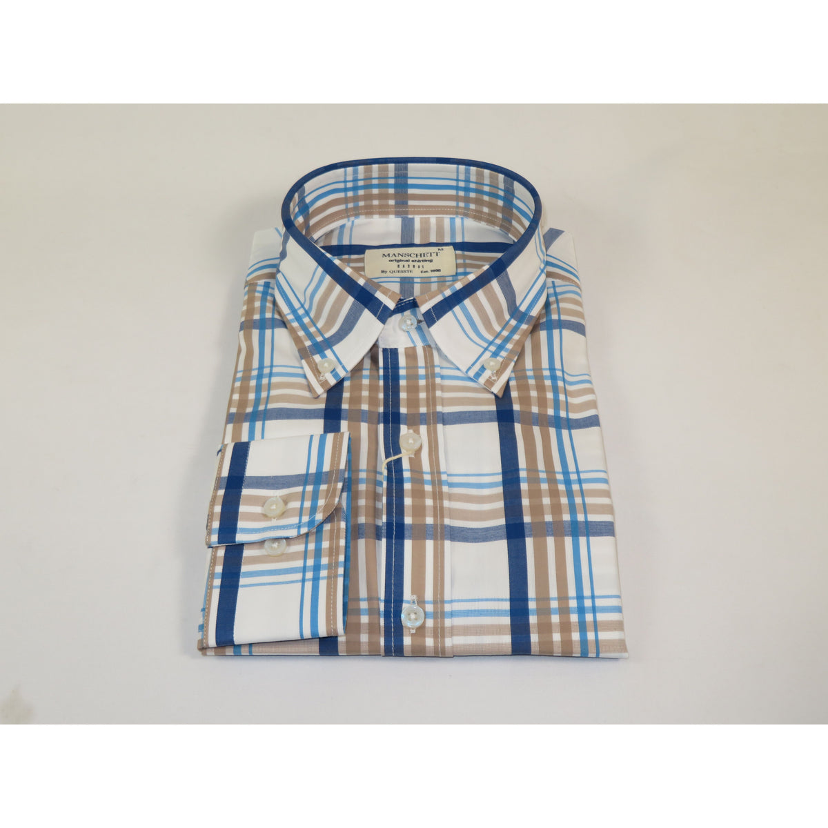 Mens 100% Cotton Shirt Manschett Quesste Turkey Slim Fit Button Down Collar 7033-20 Tan/Blue Plaid
