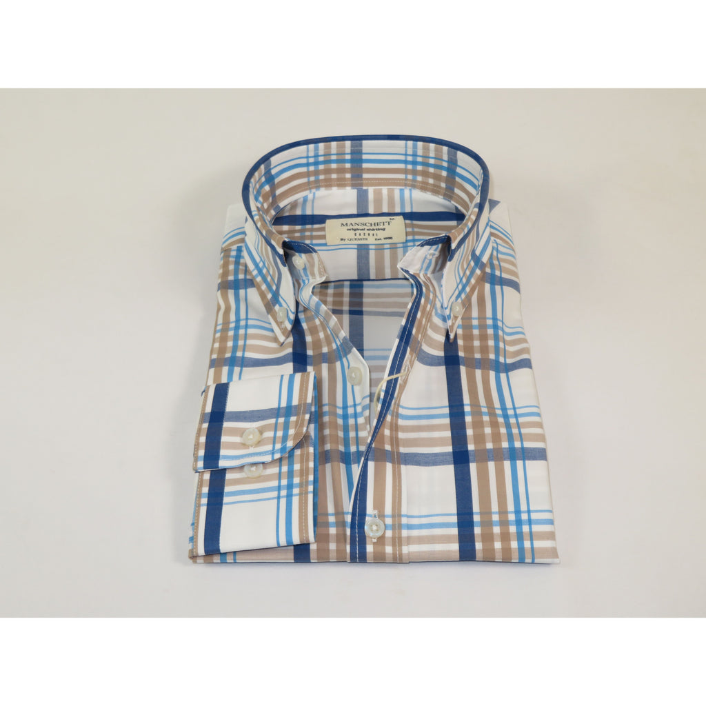 Mens 100% Cotton Shirt Manschett Quesste Turkey Slim Fit Button Down Collar 7033-20 Tan/Blue Plaid