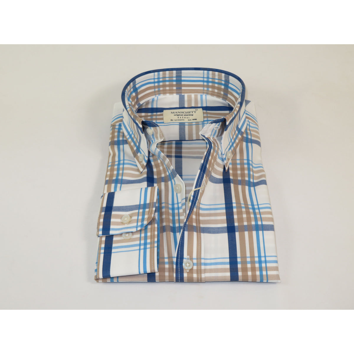 Mens 100% Cotton Shirt Manschett Quesste Turkey Slim Fit Button Down Collar 7033-20 Tan/Blue Plaid