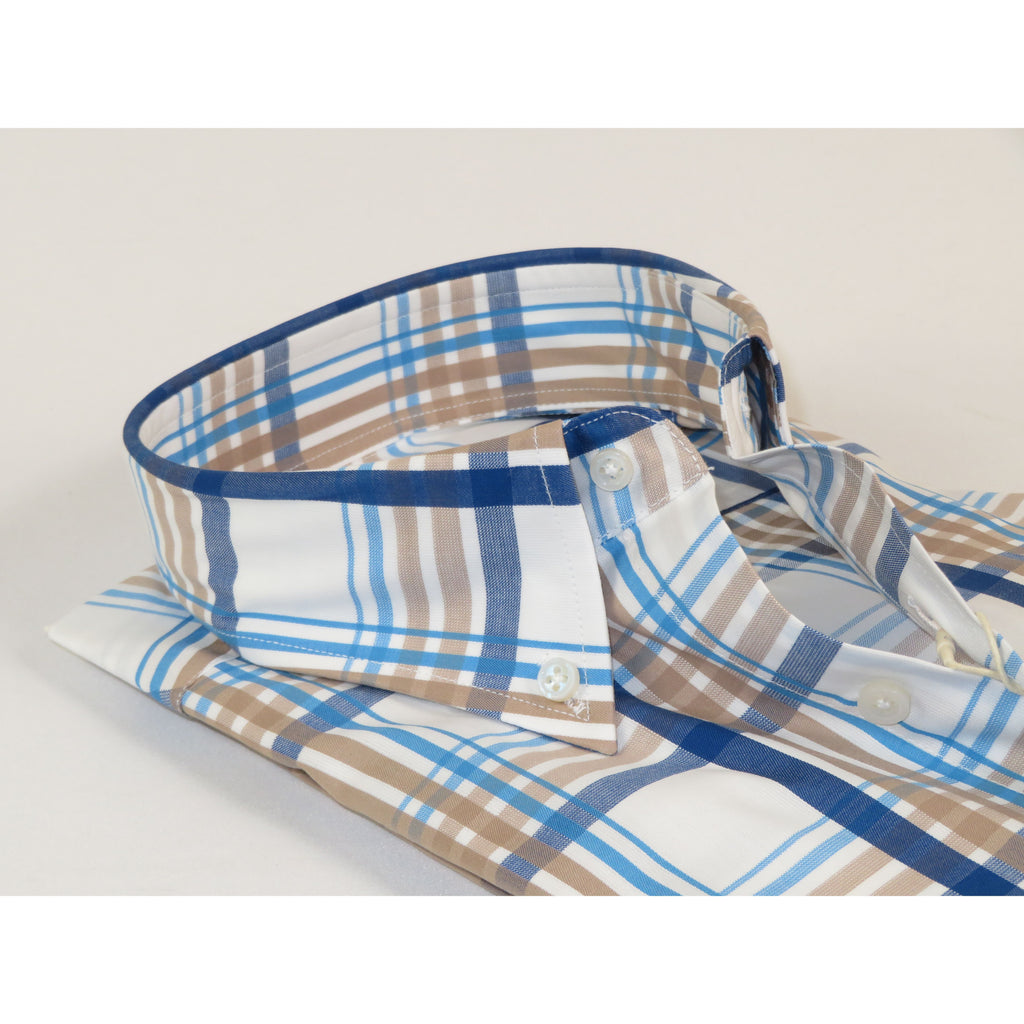 Mens 100% Cotton Shirt Manschett Quesste Turkey Slim Fit Button Down Collar 7033-20 Tan/Blue Plaid