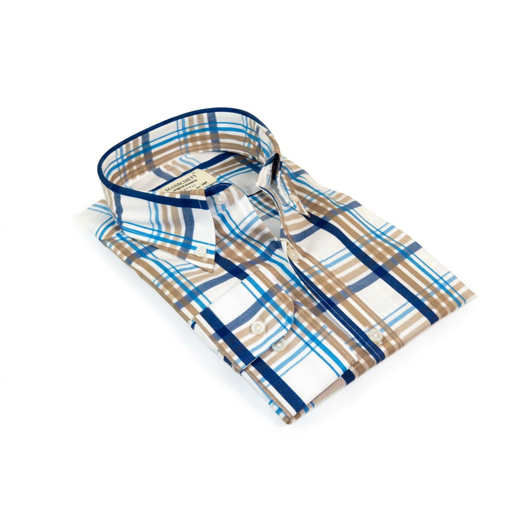 Mens 100% Cotton Shirt Manschett Quesste Turkey Slim Fit Button Down Collar 7033-20 Tan/Blue Plaid