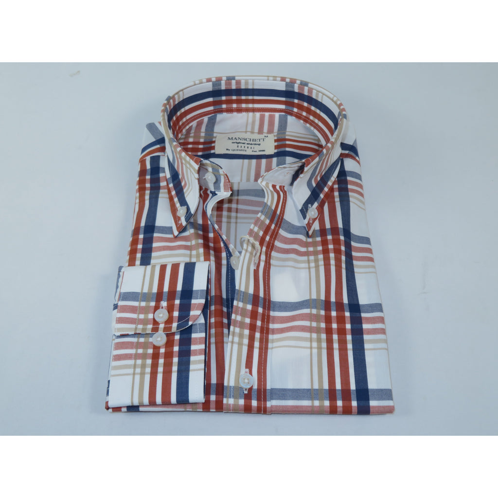Mens 100% Cotton Shirt Manschett Quesste Turkey Slim Fit 7033-21 Rust/Blue Plaid