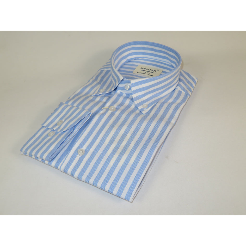 Mens 100% Cotton Shirt Manschett Turkey Slim Fit Button Down Collar 7035-01 Blue Stripe