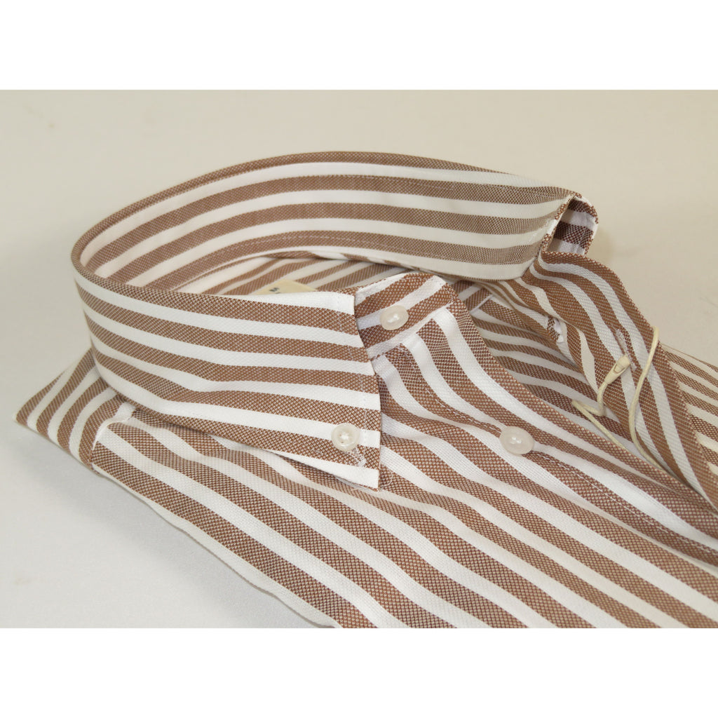 Mens 100% Cotton Shirt Manschett Turkey Slim Fit Button Down Collar 7035-02 Brown Stripe