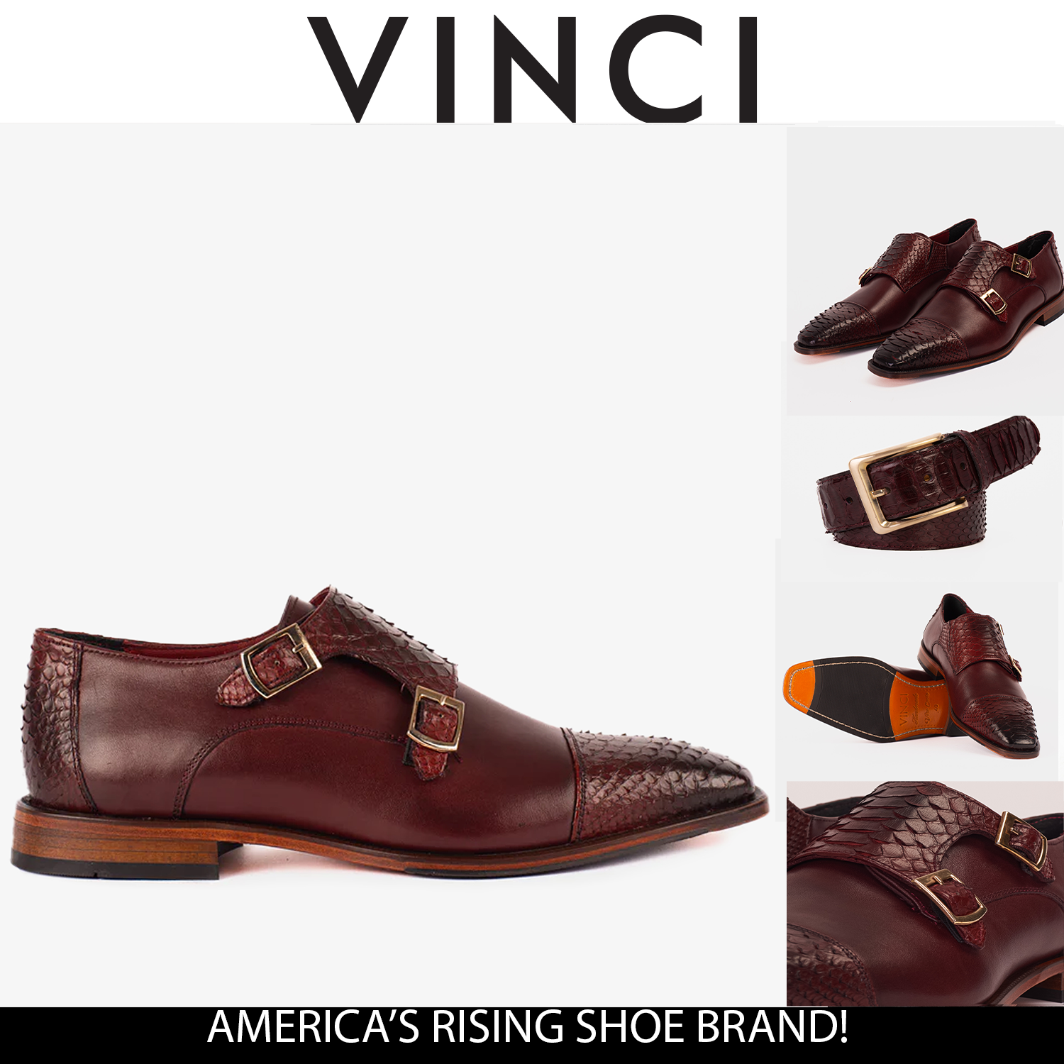 Vinci The Bishkek Burgundy Leather Cap Toe Double Monk Strap Men  Shoes